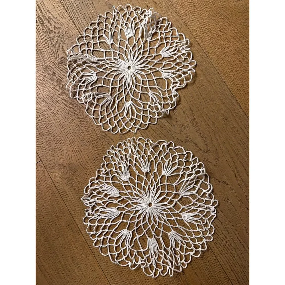 Vintage Handmade Hand-Knotted Off White Round Crocheted Lace Doilies Set of 2